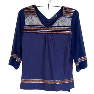 THML Boho Embroidered V Neck 3/4 Sleeve Blouse Sz L